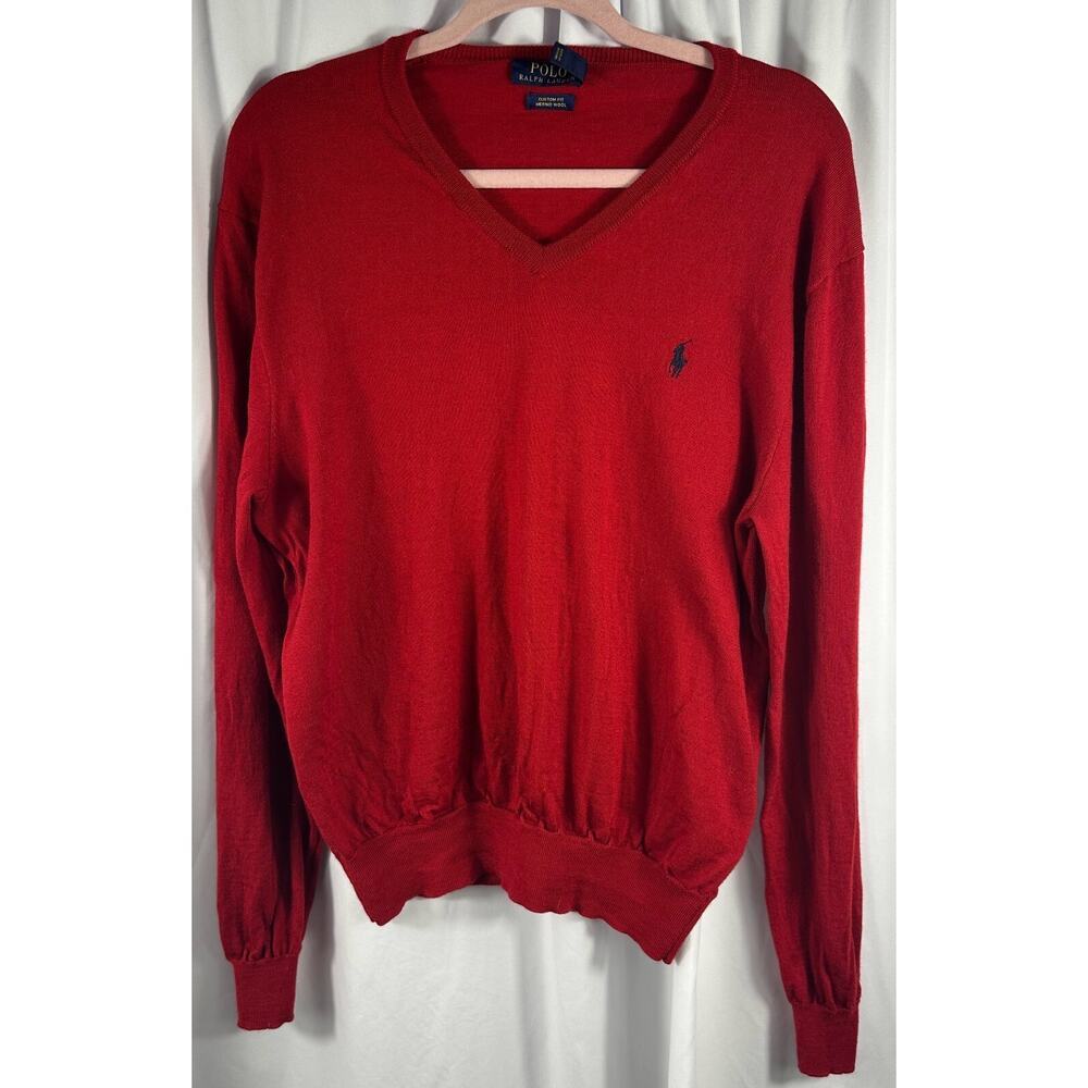 Polo Ralph Lauren Men's XL‎ Red 100% Merino Wool V-Neck Sweater Classic Preppy